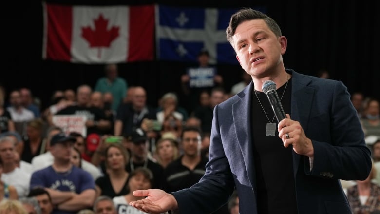 Conservative Leader Pierre Poilievre speaks during a rally in Montreal, Wednesday, June 19, 2024. The Conservatives say they have no connection to a rash of social media bots that flooded the X platform following a Pierre Poilievre event in northern Ontario last week. THE CANADIAN PRESS/Christinne Muschi